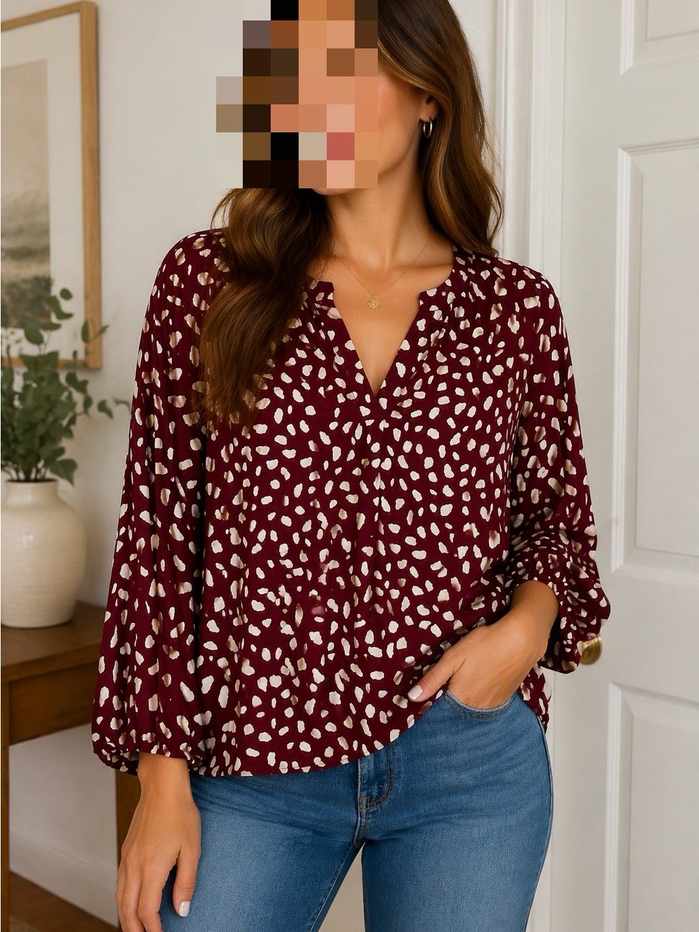 entro Burgundy Spot Print V-Neck Long Sleeve Blouse